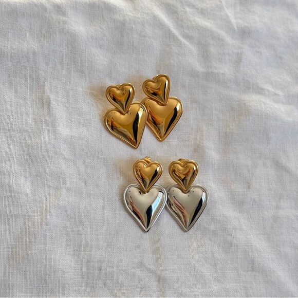 Puffed Double Heart Gold Valentine Earrings OS - Picture 5 of 10